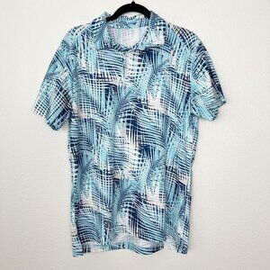 Bonobos Mens Medium Blue Palm Print Slim Fit Short Sleeve Golf Athletic Polo Shi